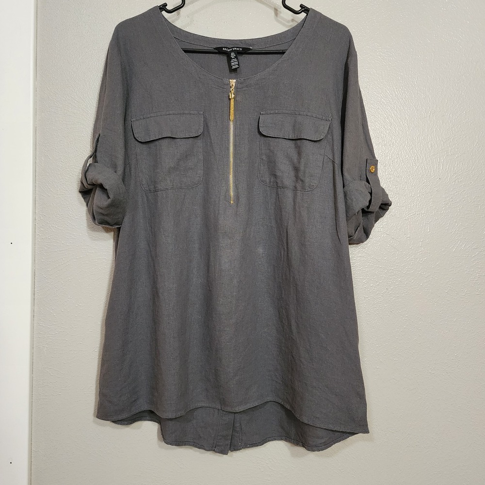Ellen Tracy‎ Gray 55% Linen Zipper Detail Rolled Tab Popover Top Blouse Large